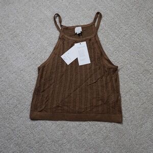 A New Day Brown Crochet High Neck Tank Top XS Pointelle Knit Camisole